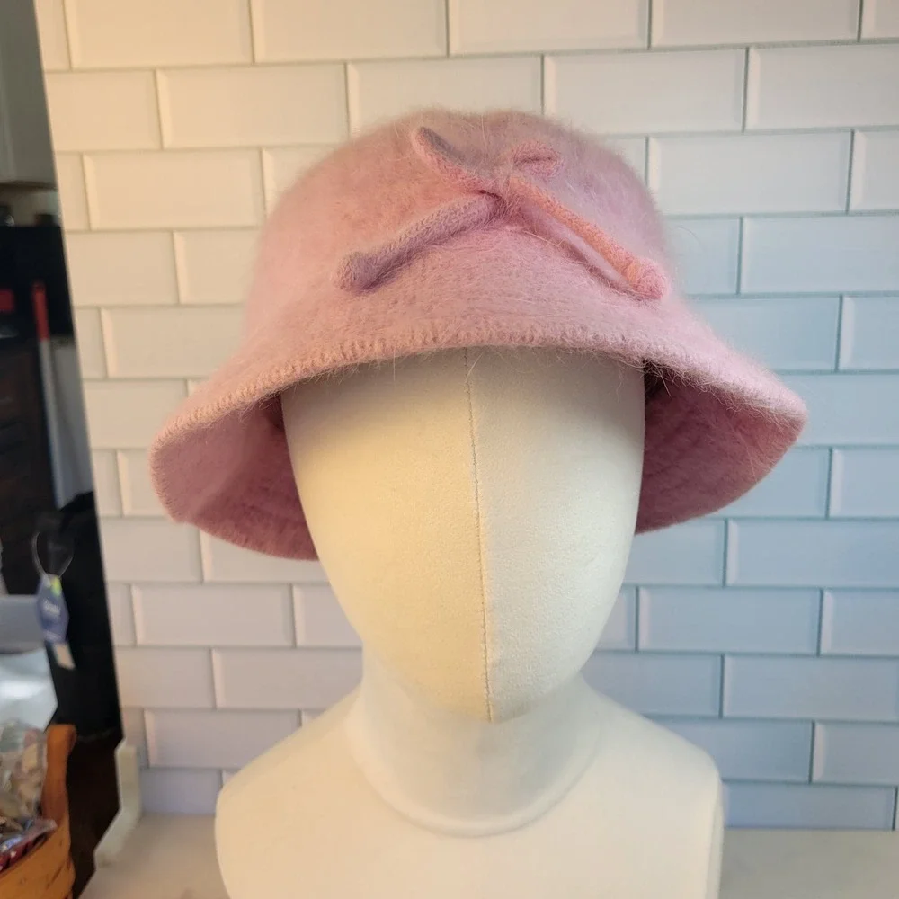 Angora Rabbit Fur Bucket Hat Blend Fuzzy Rosy Lilac Bow Accent Y2K Streetwear